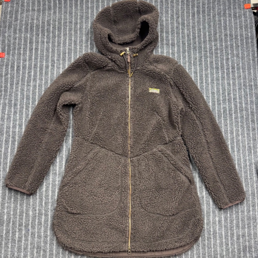 LL Bean Womens Sherpa Fleece Hooded Jacket Size M Brown Full Zip Longline 508967 - Picture 1 of 8